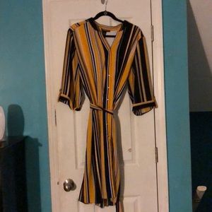 Gold and Navy vertical striped belted shirt dress